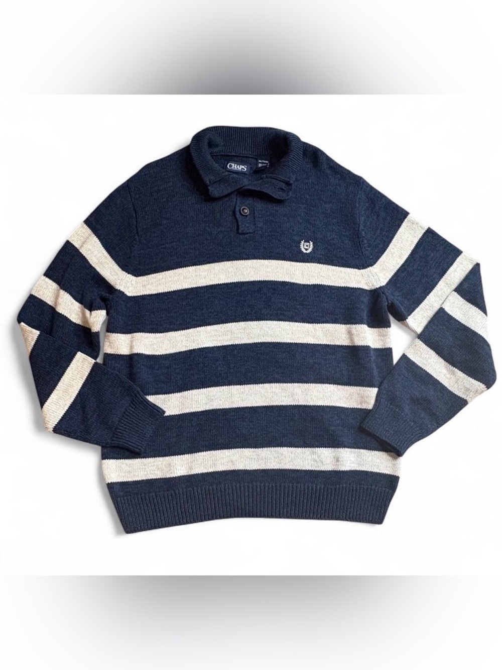Chaps Navy and Cream Striped Crewneck Polo Sweater